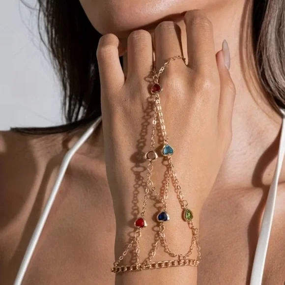 Elegant Gold Hand Chain with Multicolor Heart Gemstones - Picture 3 of 5